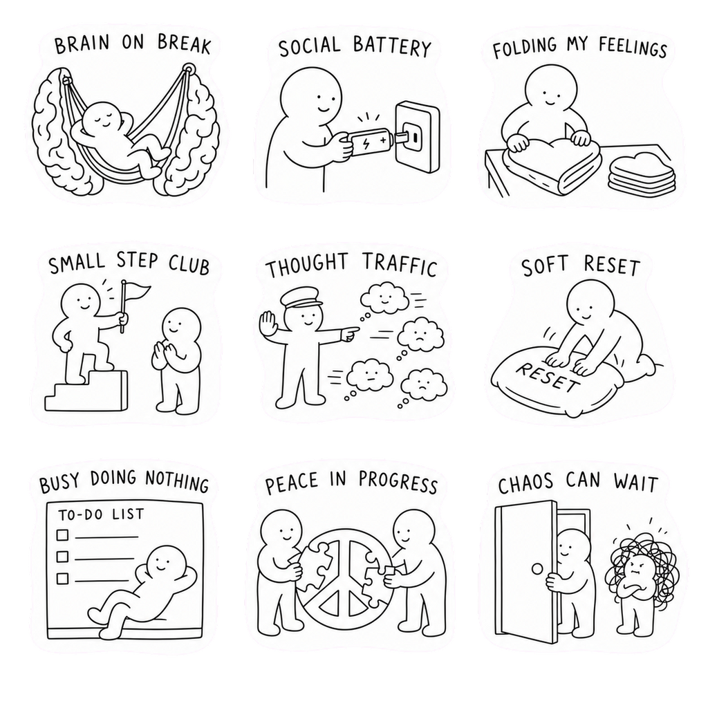 🌿 Calm Mind Sticker Sheet – 9 Cozy Mental Wellness Designs