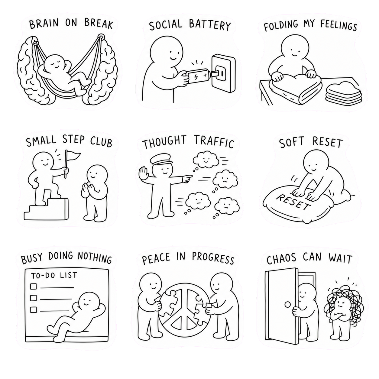 🌿 Calm Mind Sticker Sheet – 9 Cozy Mental Wellness Designs