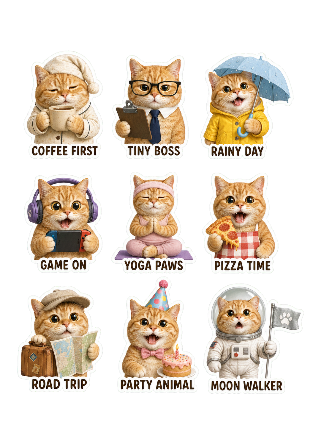 🐱 Everyday Cat Adventures Sticker Sheet (9 Designs)