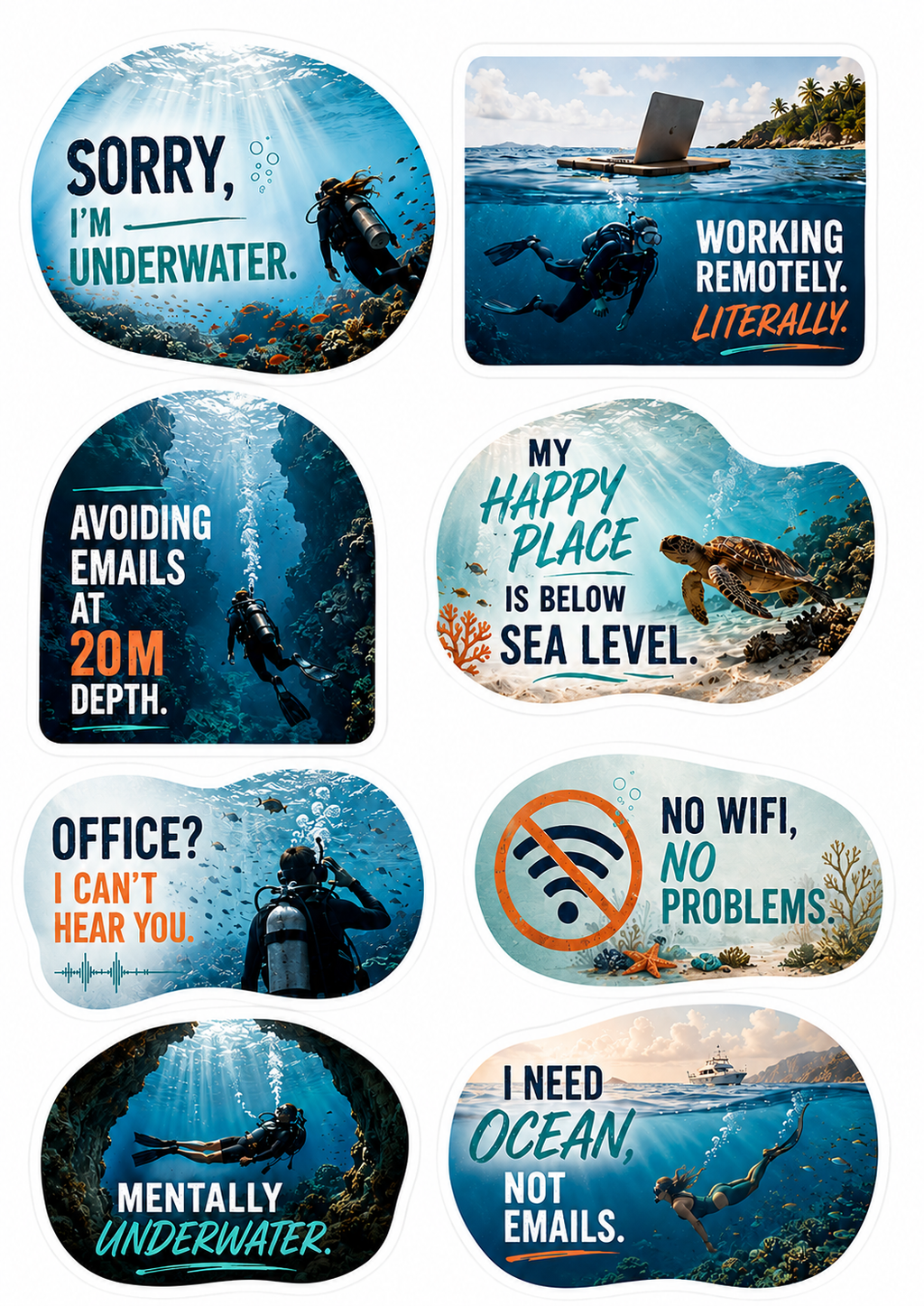 Funny Scuba Diving Sticker Sheet – 8 Ocean & Diver Stickers  Product Description