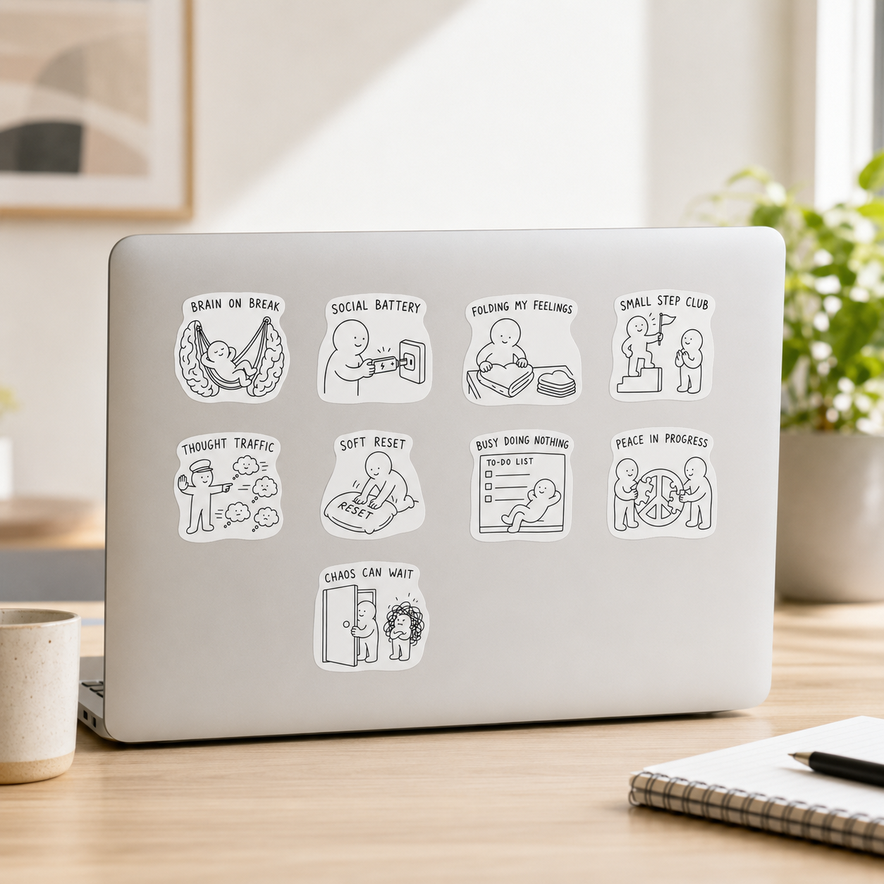 🌿 Calm Mind Sticker Sheet – 9 Cozy Mental Wellness Designs
