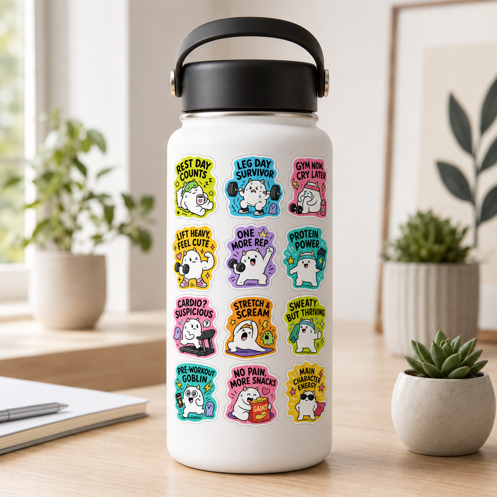 Funny Gym Workout Sticker Sheet – 12 Cute Fitness Stickers