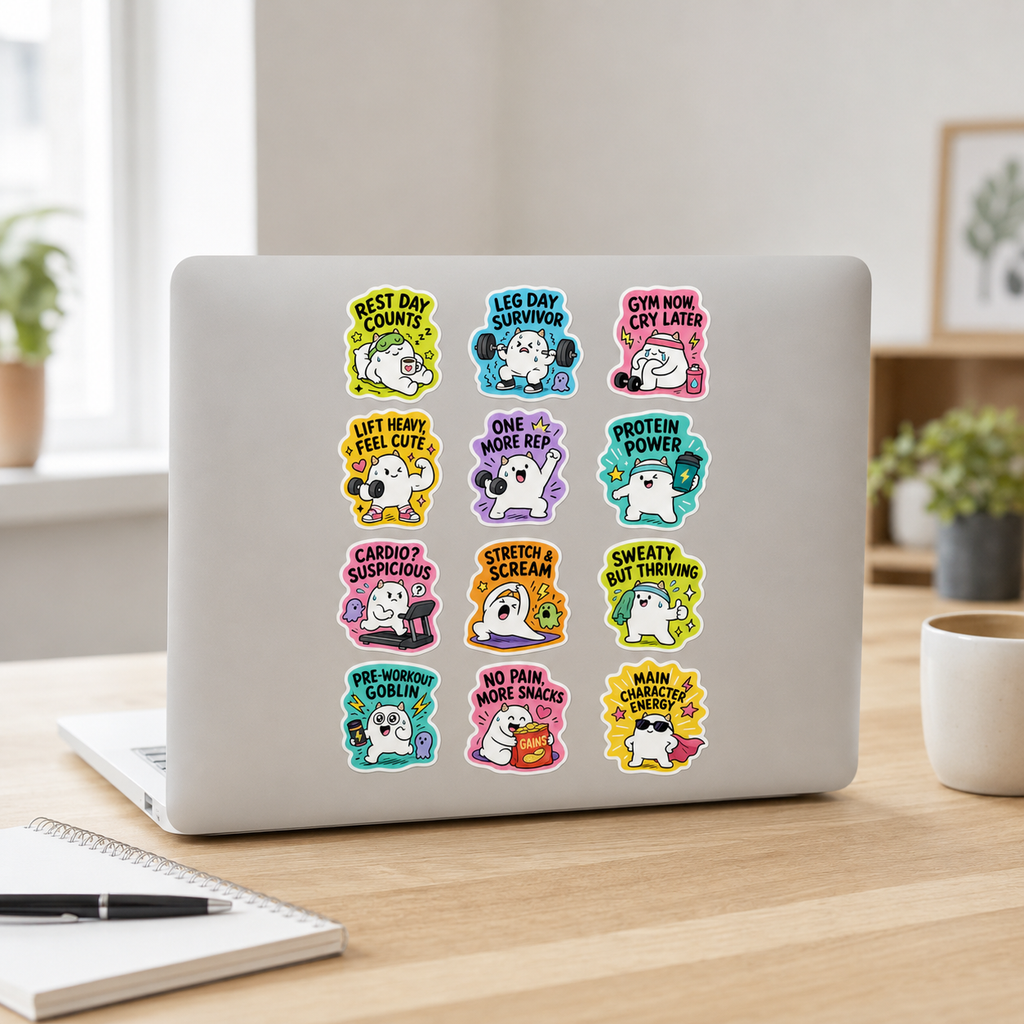 Funny Gym Workout Sticker Sheet – 12 Cute Fitness Stickers
