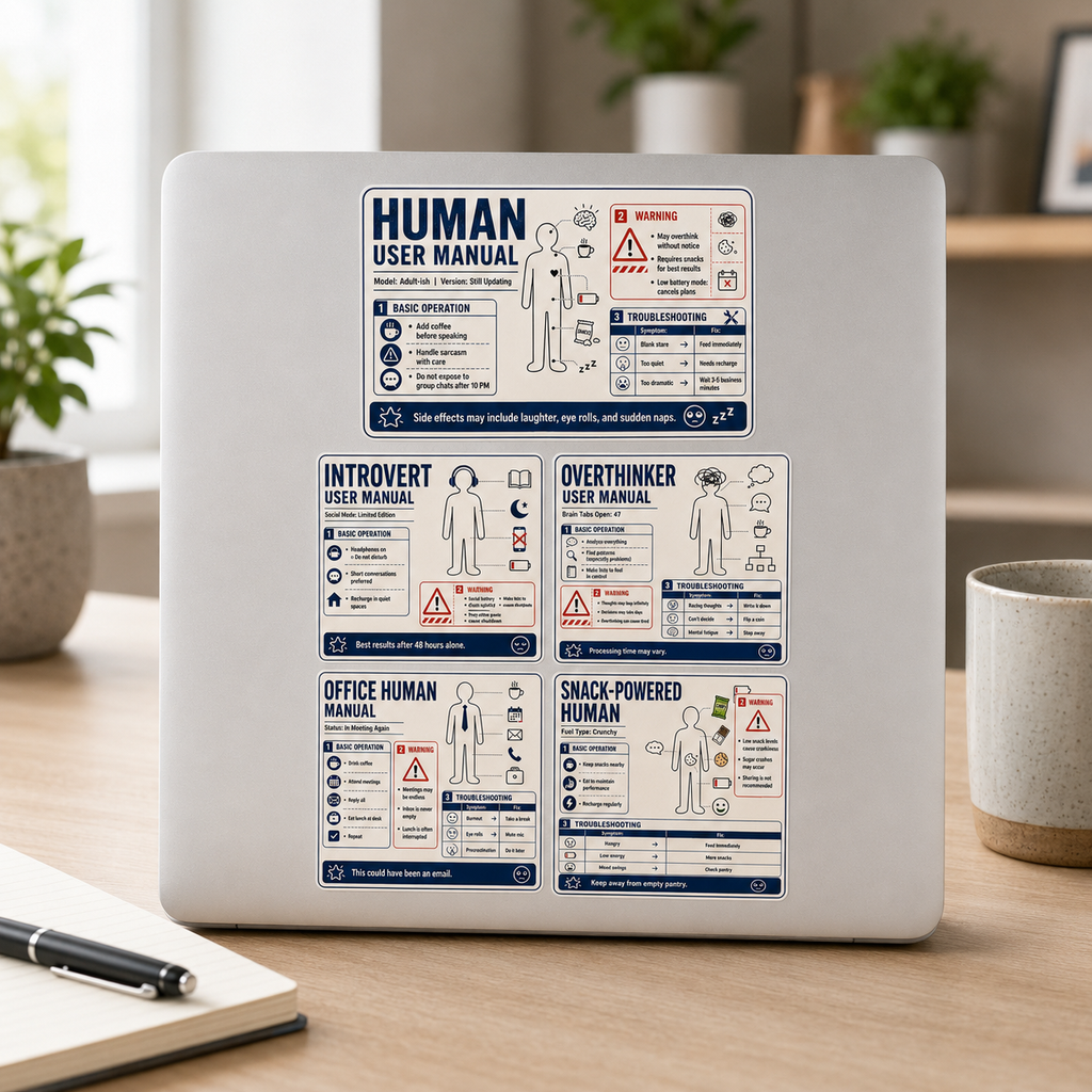Funny Human User Manual Sticker Sheet – 5 Adulting & Office Humor Stickers