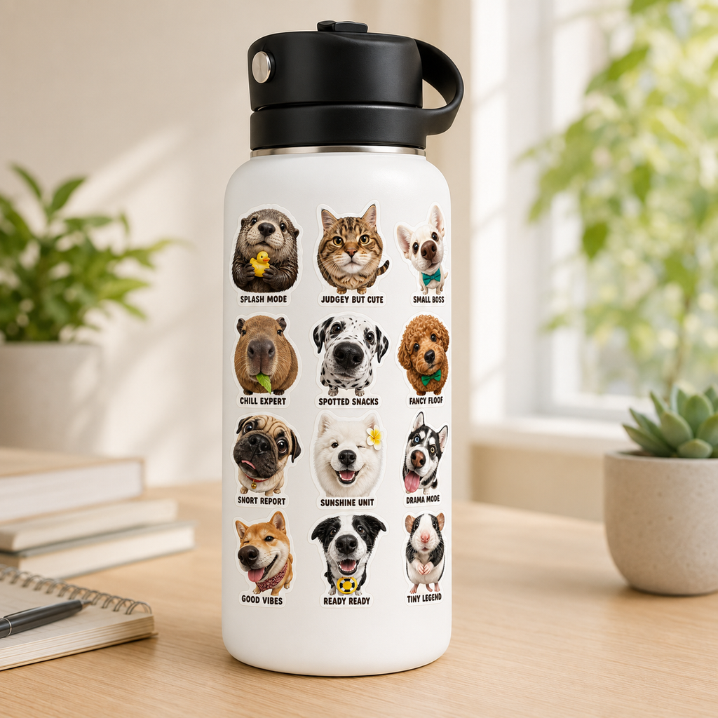 Funny Pet Sticker Collection – 12 Cute Animal Personality Vinyl Stickers  Shopify Product Description
