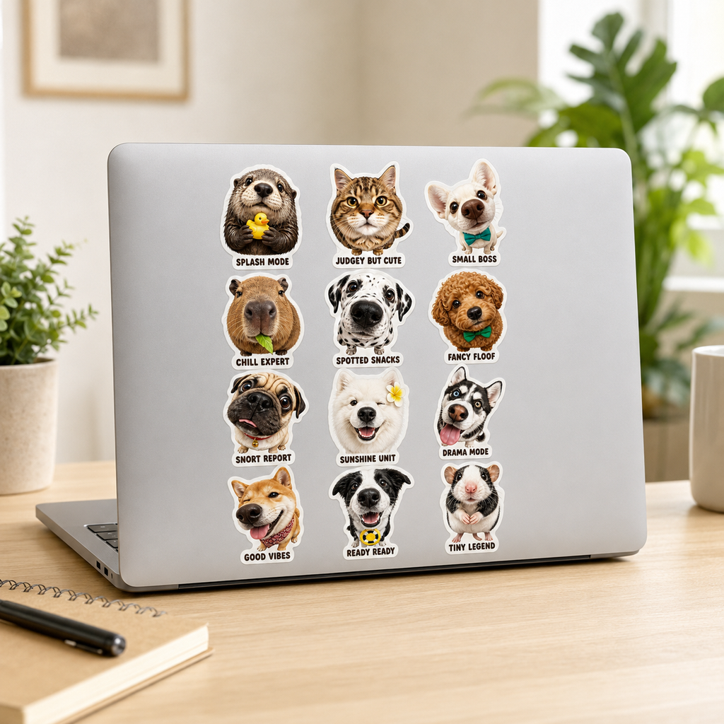 Funny Pet Sticker Collection – 12 Cute Animal Personality Vinyl Stickers  Shopify Product Description