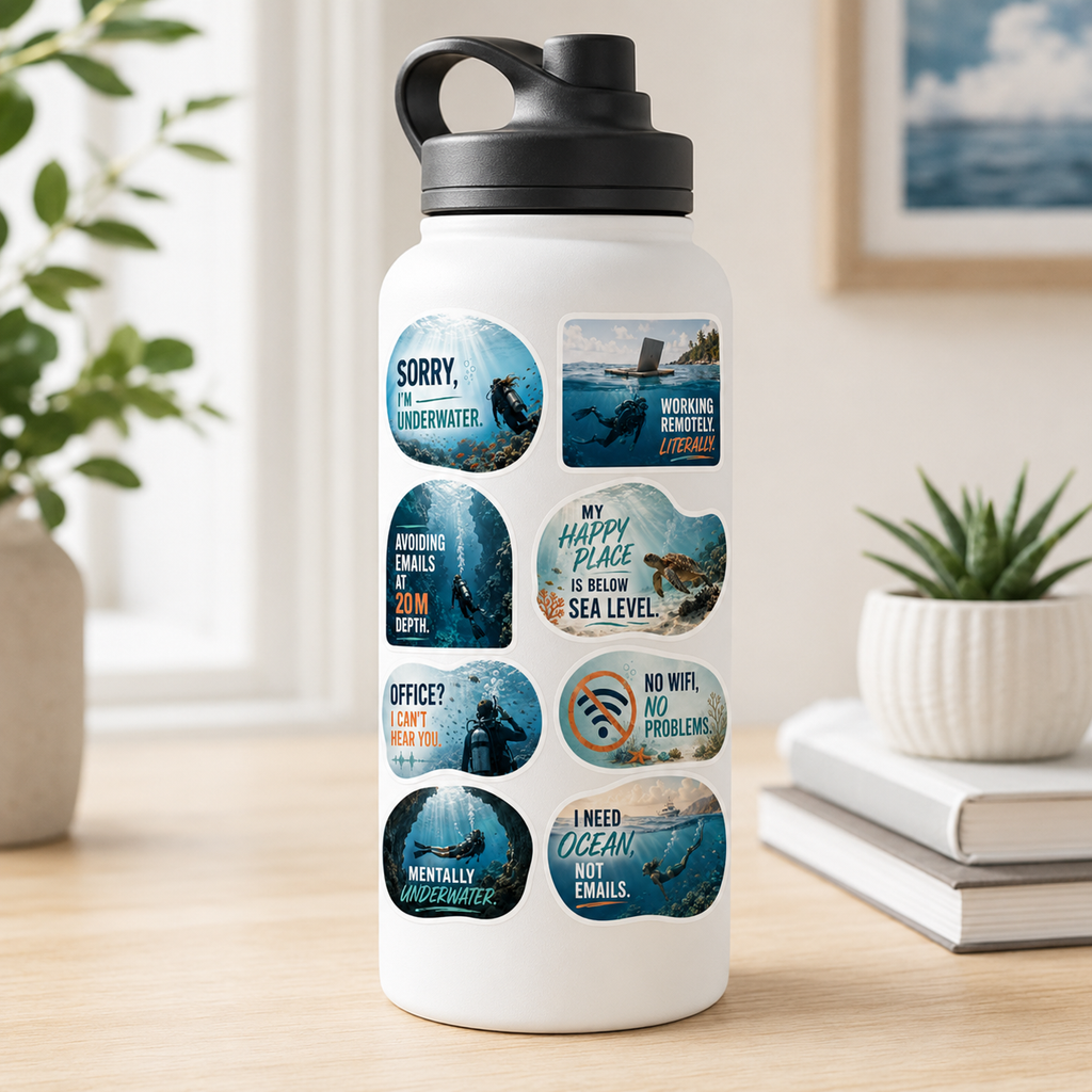 Funny Scuba Diving Sticker Sheet – 8 Ocean & Diver Stickers  Product Description