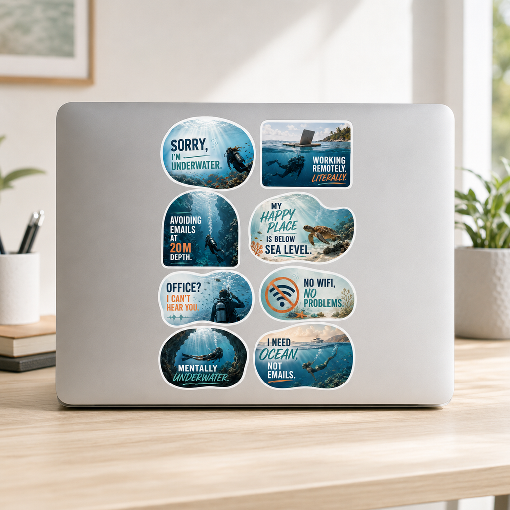 Funny Scuba Diving Sticker Sheet – 8 Ocean & Diver Stickers  Product Description