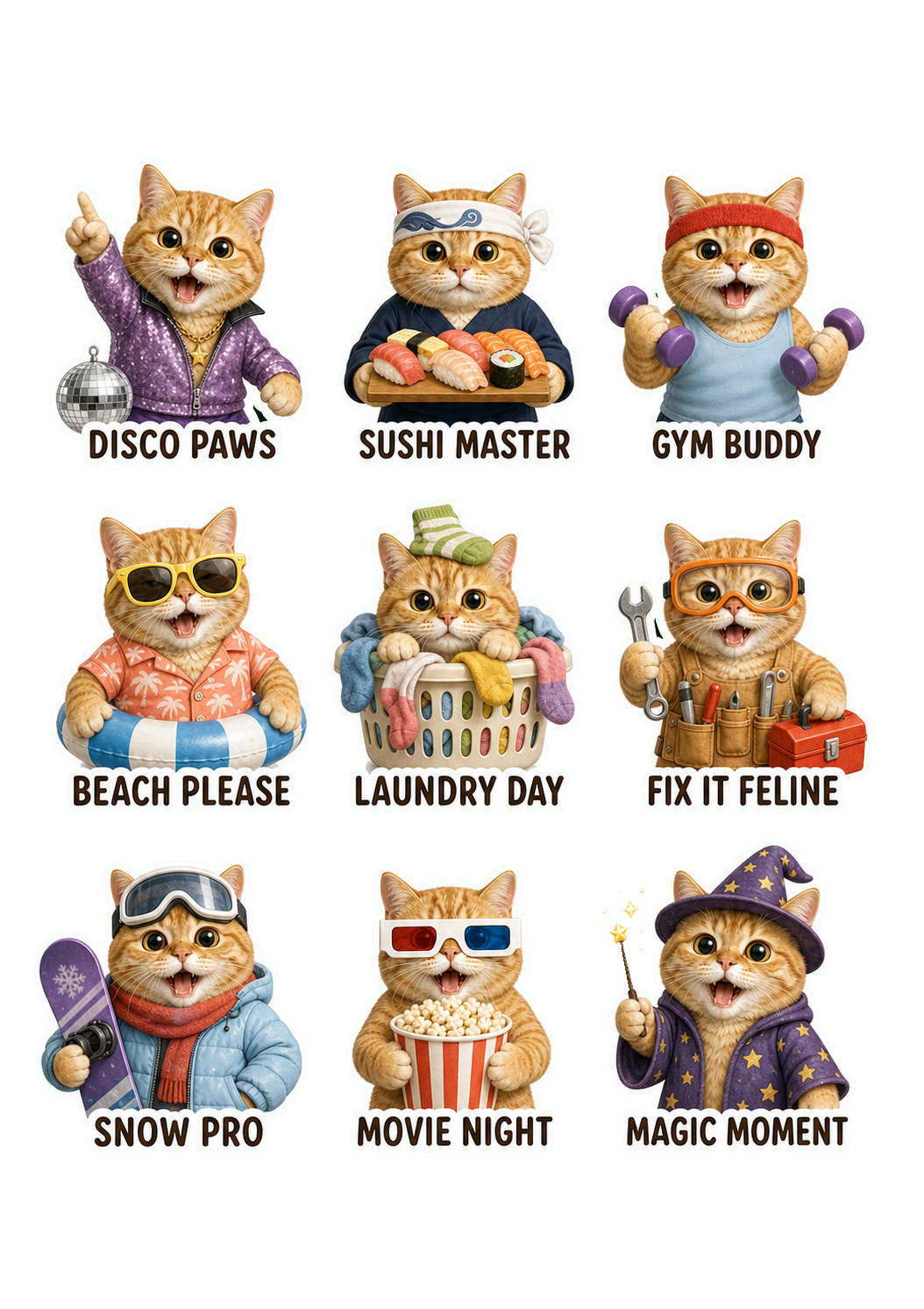 🐱 Cat Life Adventures Sticker Sheet (9 Designs)