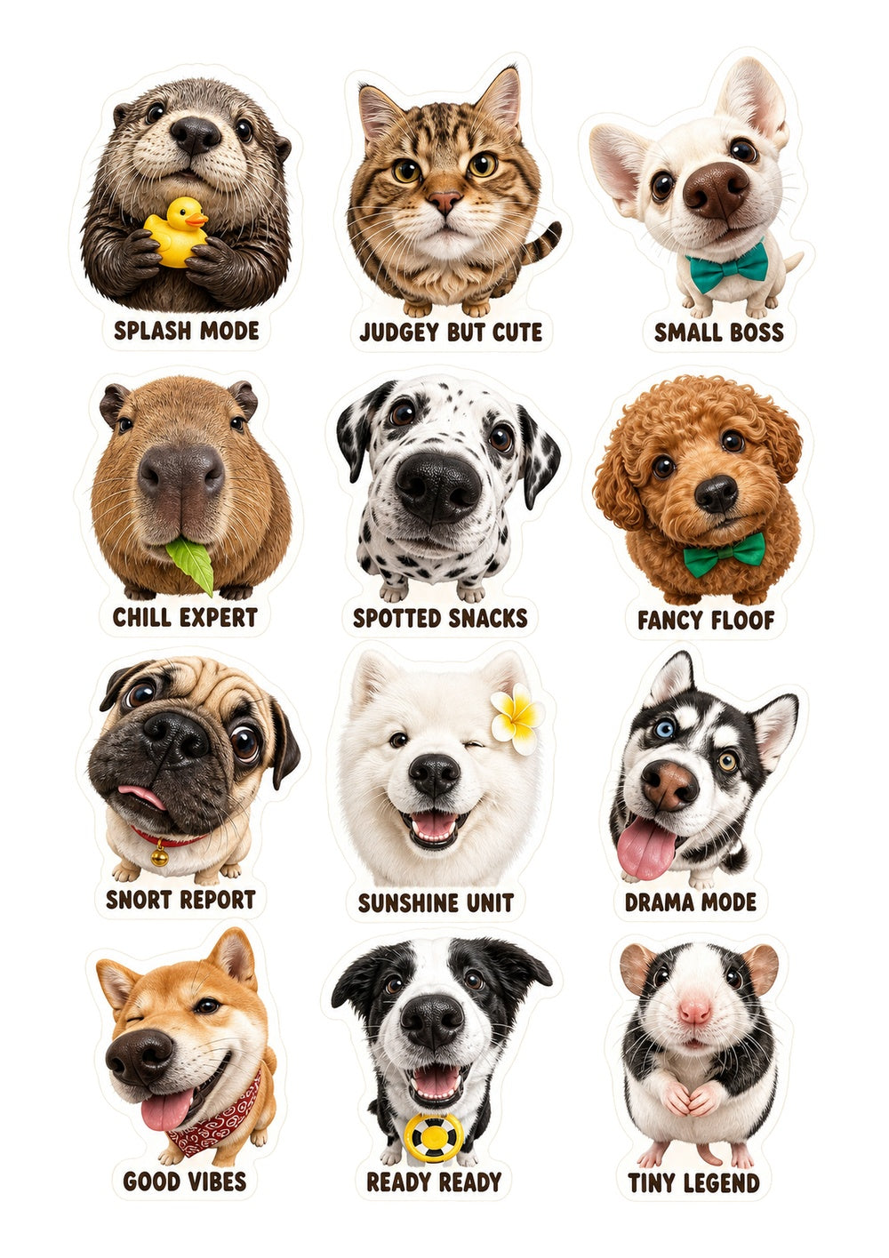 Funny Pet Sticker Collection – 12 Cute Animal Personality Vinyl Stickers  Shopify Product Description