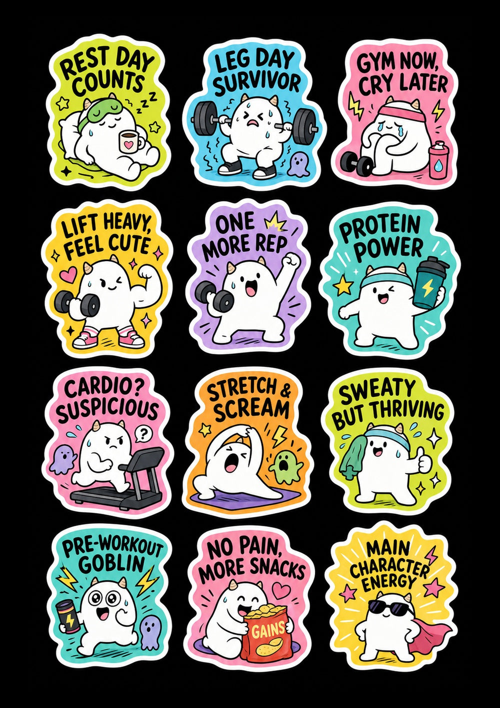 Funny Gym Workout Sticker Sheet – 12 Cute Fitness Stickers
