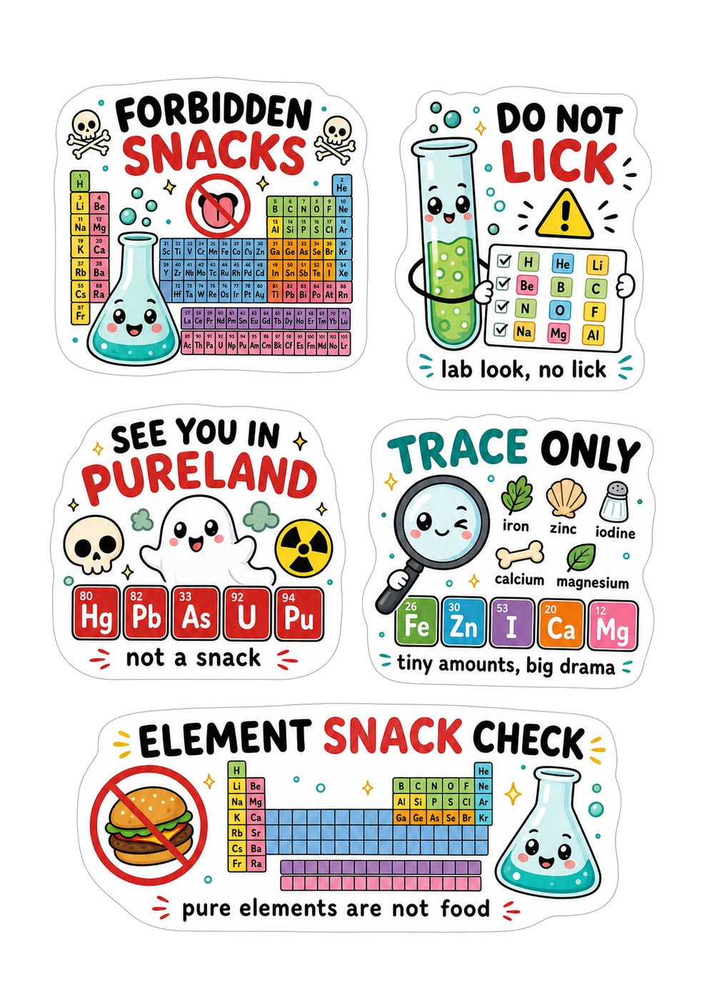 Funny Chemistry Sticker Sheet – 5 Cute Science & Lab Stickers